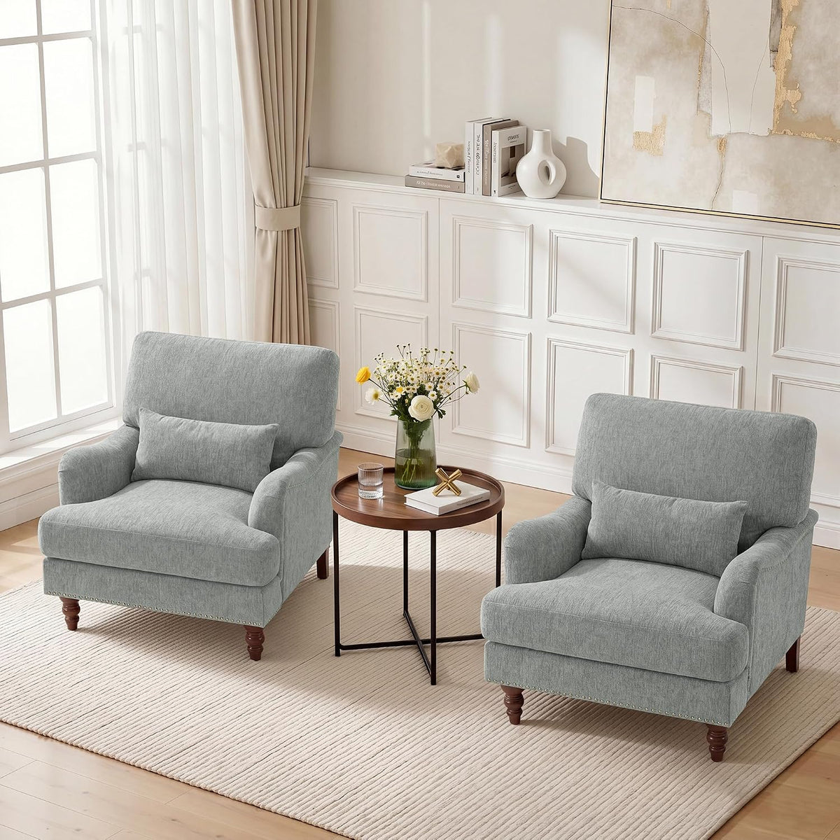 Accent Chairs Set of 2, Chenille Armchair with Lumbar Pillow, Light Gray