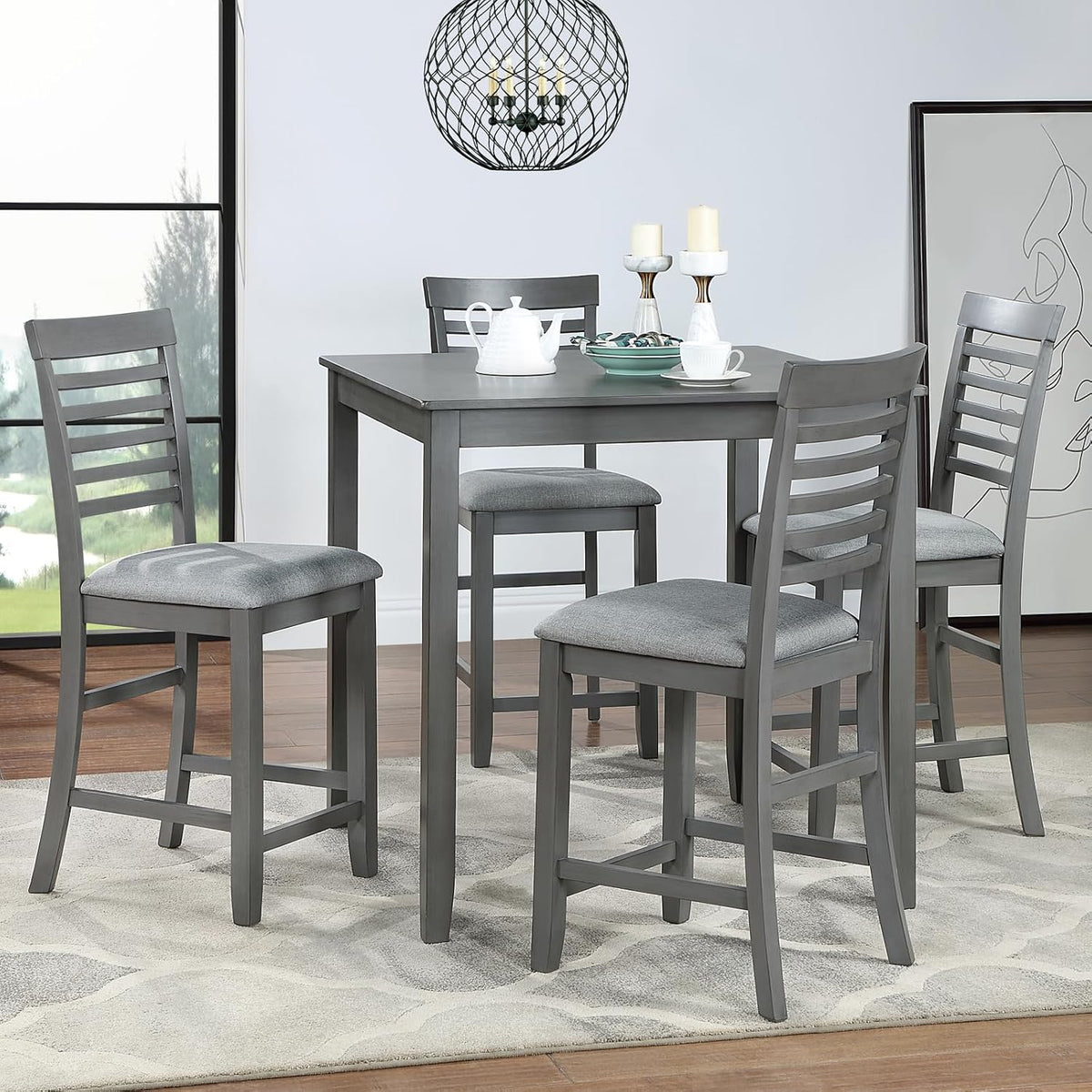 LUMISOL 5-Piece Dining Table Set for 4, Farmhouse Counter Height Kitchen Dining Table Set with 4 Upholstered Chairs for Kitchen, Dining Room, Home Bar, Grey
