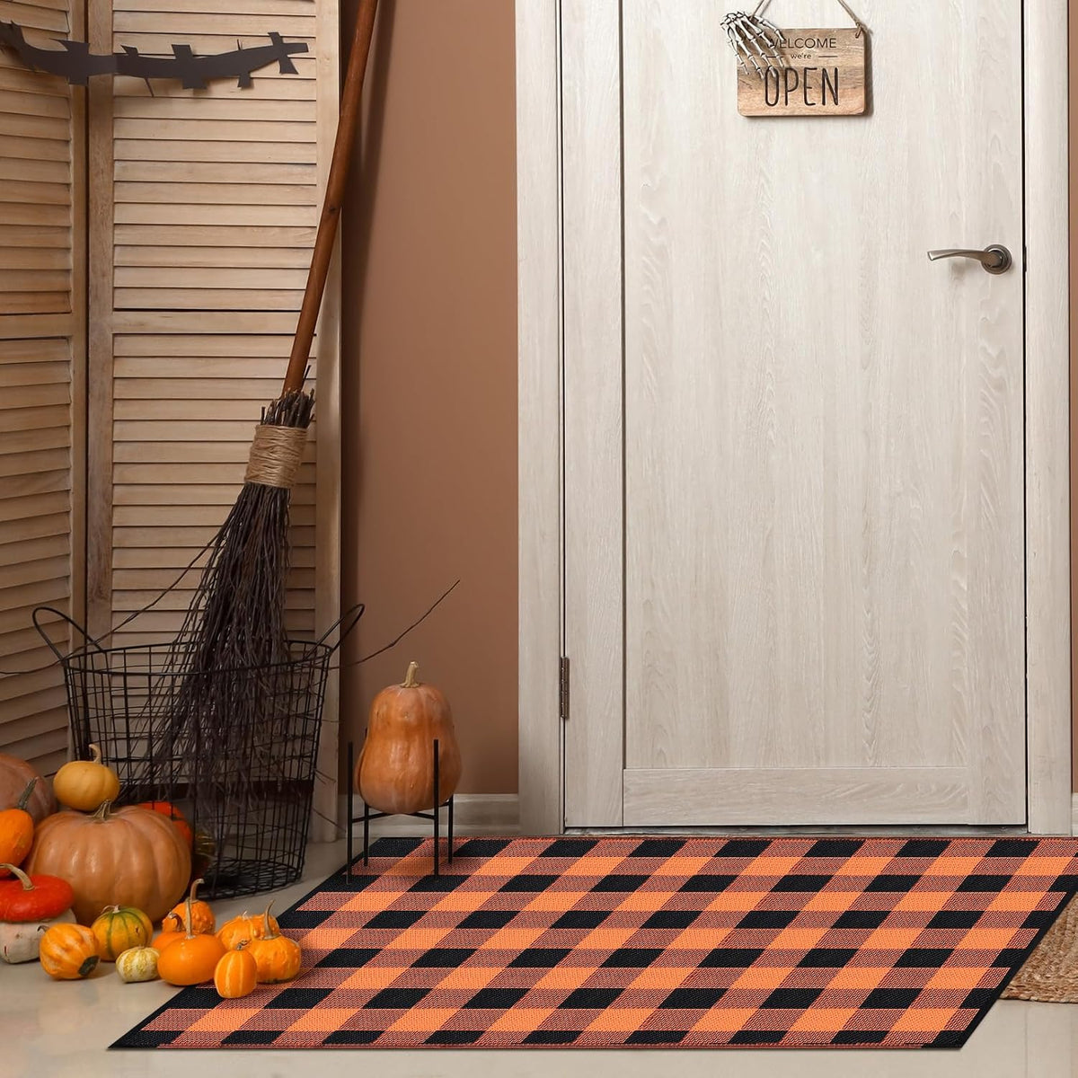 Tinideya 4' x 6' Fall Outdoor Rug, Plaid Buffalo, Orange and Black