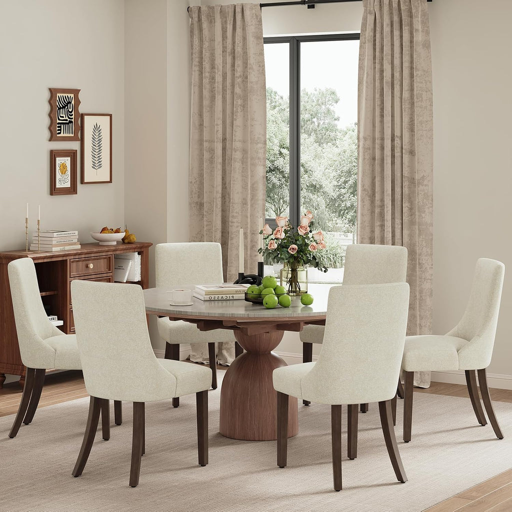 MALOL Wooden Dining Chairs Set of 6, Upholstered Kitchen & Dining Room Chairs with Solid Wood Legs Curved Backrest Farmhouse Accent Chair for Dining/Kitchen/Living Room, Beige