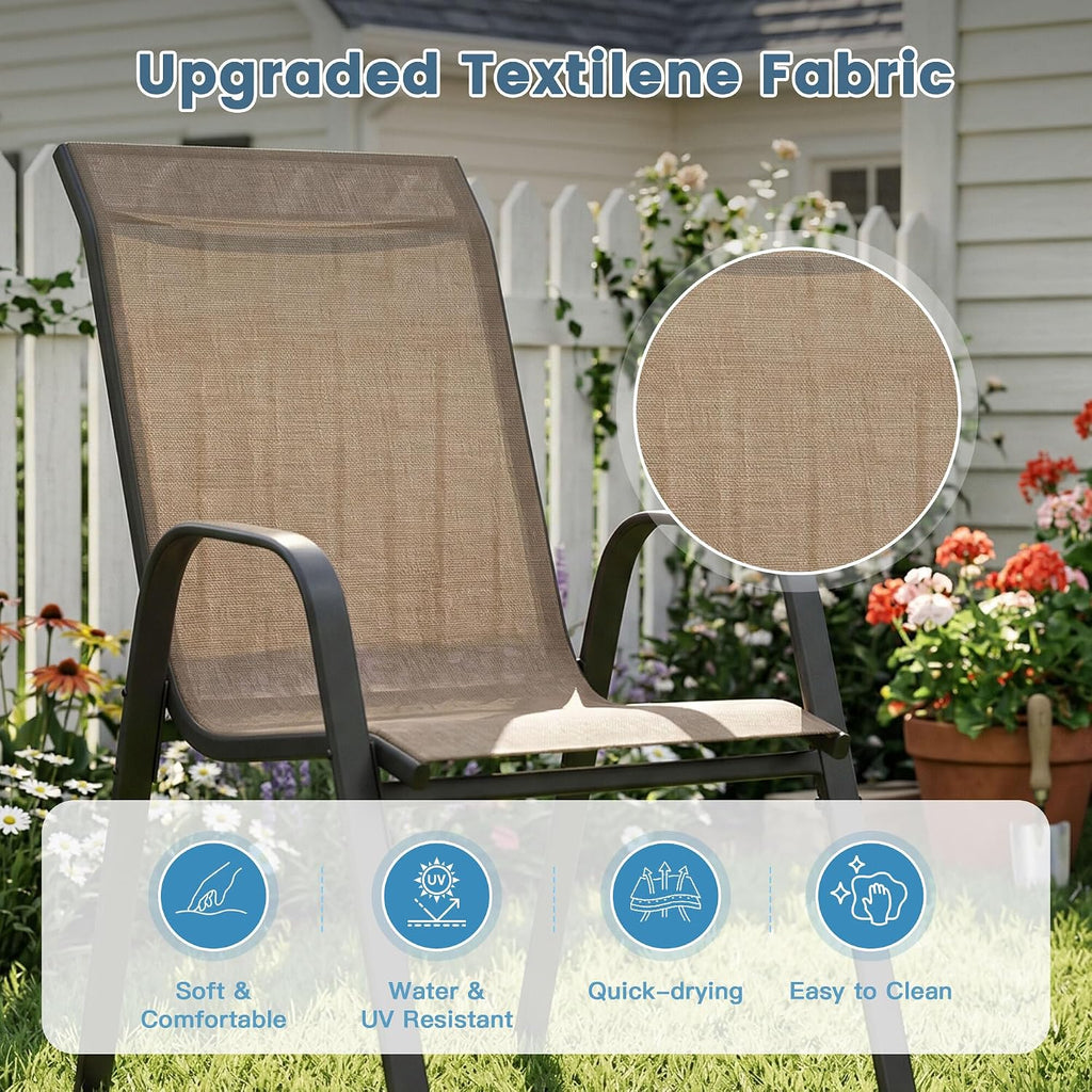 DIFY Patio Chairs Set of 6, Stackable Outdoor Dining Chairs Set with Breathable Textilene High Back and All-Weather Metal Frame for Garden, Backyard, Deck, Brwon