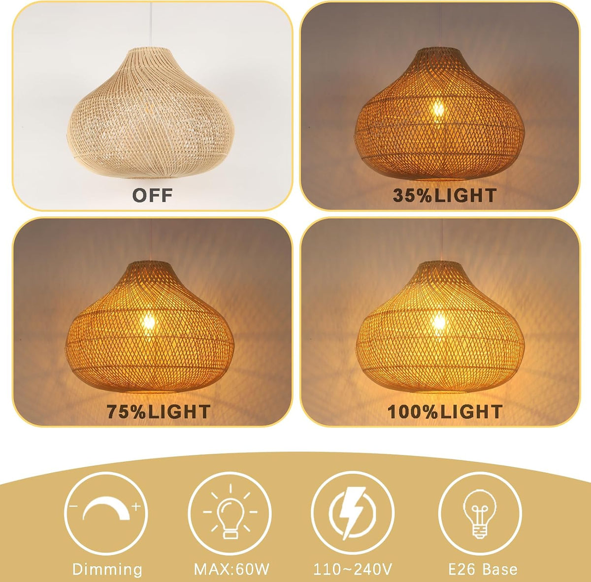 large rattan pendant light, 19.7" rattan boho wicker, side view