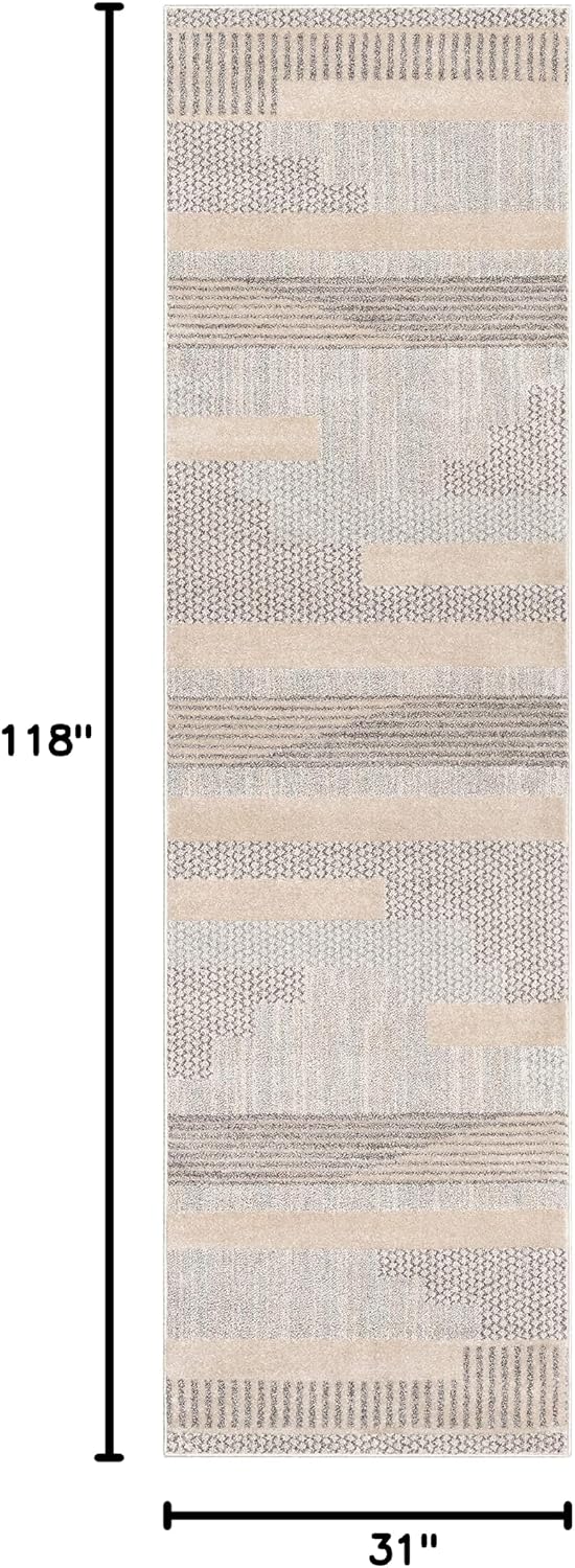 Well Woven Harlow Collection Briar Beige - Modern Tribal Minimalist Geometric 3x10 Runner Rug - Ideal for Hallway & Bedroom - Durable, Stain Resistant & Easy to Clean