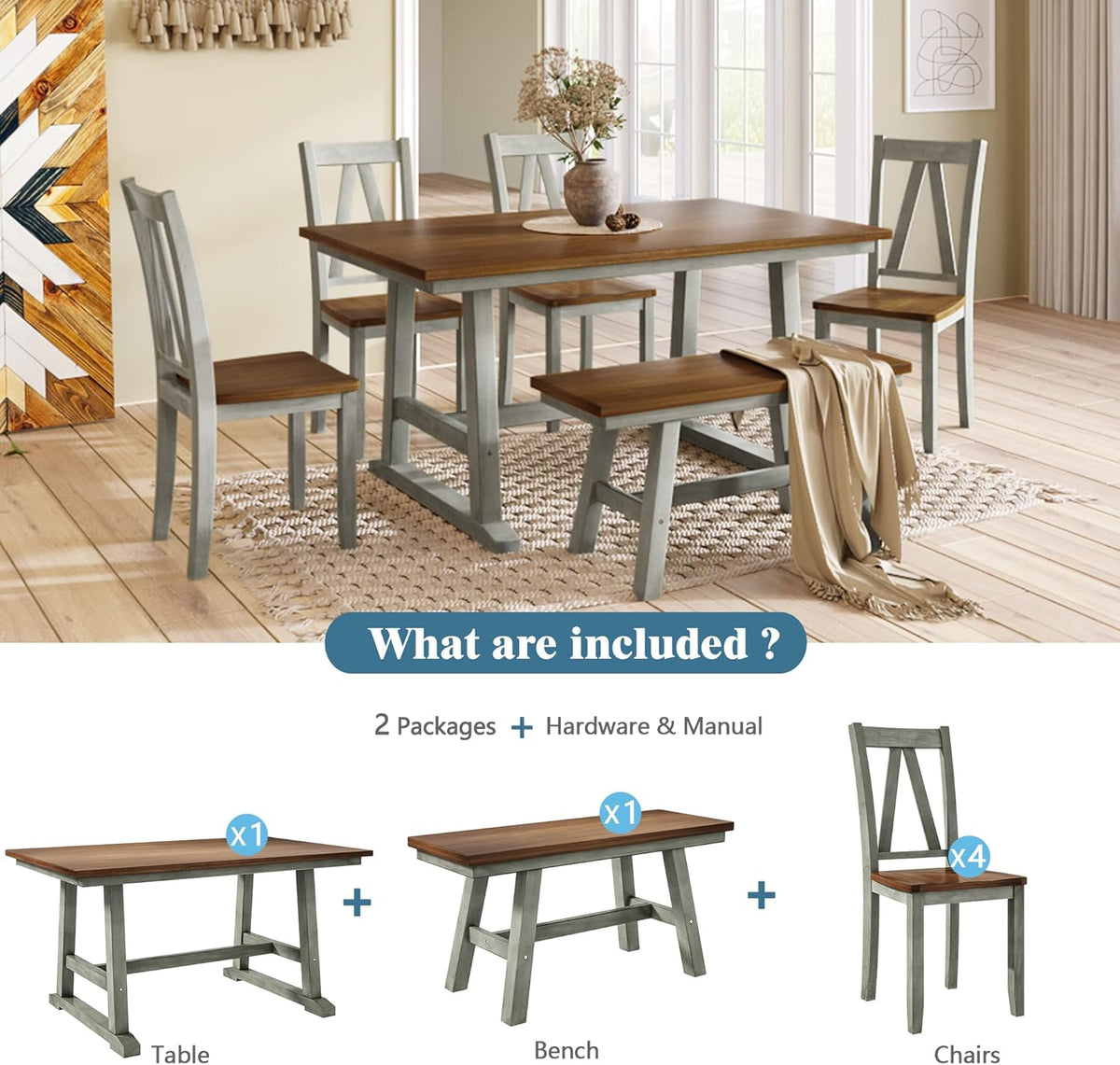 Harper & Bright Designs 6-Piece Dining Set, Farmhouse Style Wood Dining Table and 4 Dining Chairs & Long Bench, Kitchen Table Set, Walnut+Gray