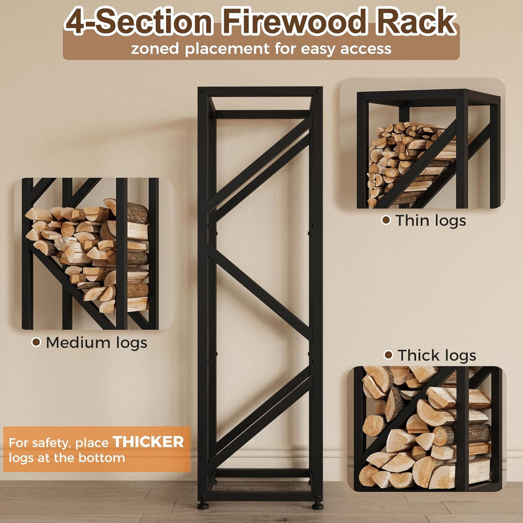 Firewood Rack Indoor 47 Inch Tall, 4-Tier Heavy-Duty Firewood Holder for Fireplace with Minimalist Style, Decorative Log Rack, Flexible Storage, Space-Saving, Easy Assembly, Black