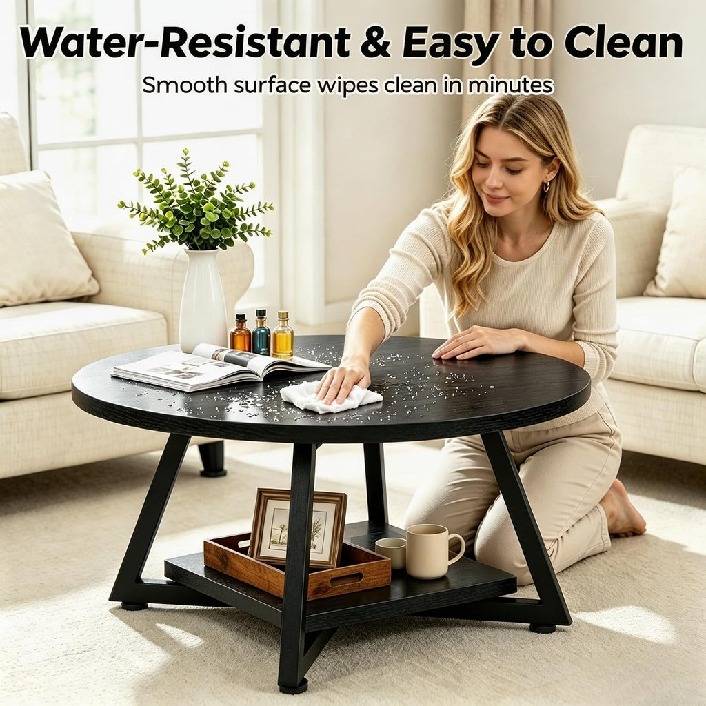Coffee Tables for Living Room, 27.6" Round Coffee Table, Black Coffee Table