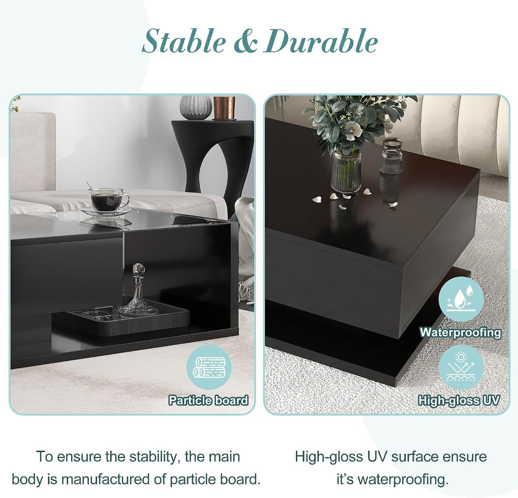 Modern Coffee Table with Tempered Glass, Wooden Cocktail Table with High-Gloss UV Surface, Modernist 2-Tier Rectangle Center Table for Living Room, Black