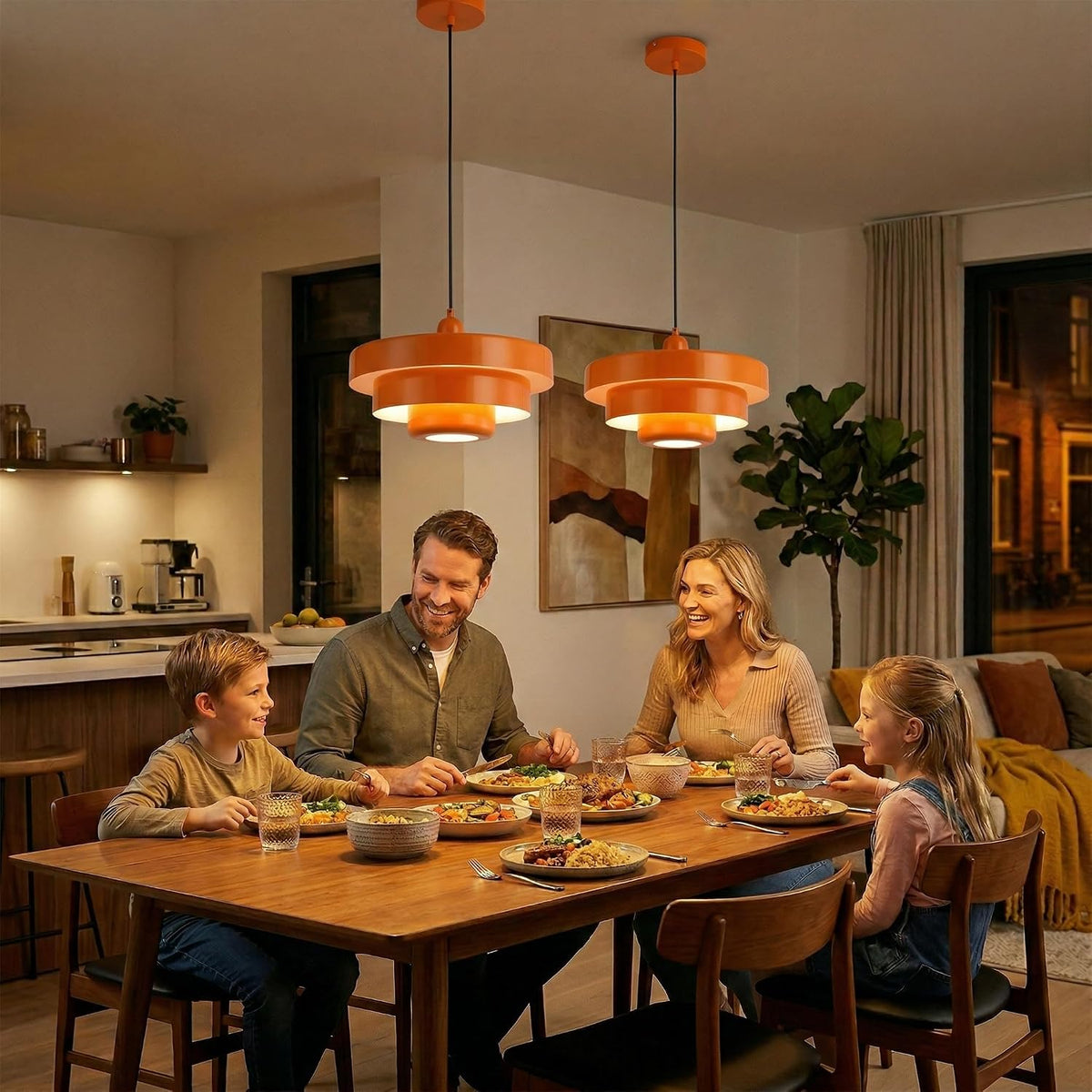 modern tiered metal pendant light, adjustable height ceiling shown in use