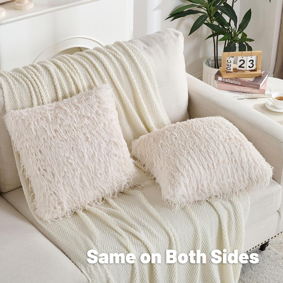 FUTEI Pack of 2 Fluffy Faux Fur Throw Pillow Covers 18x18 Inch, Cream White