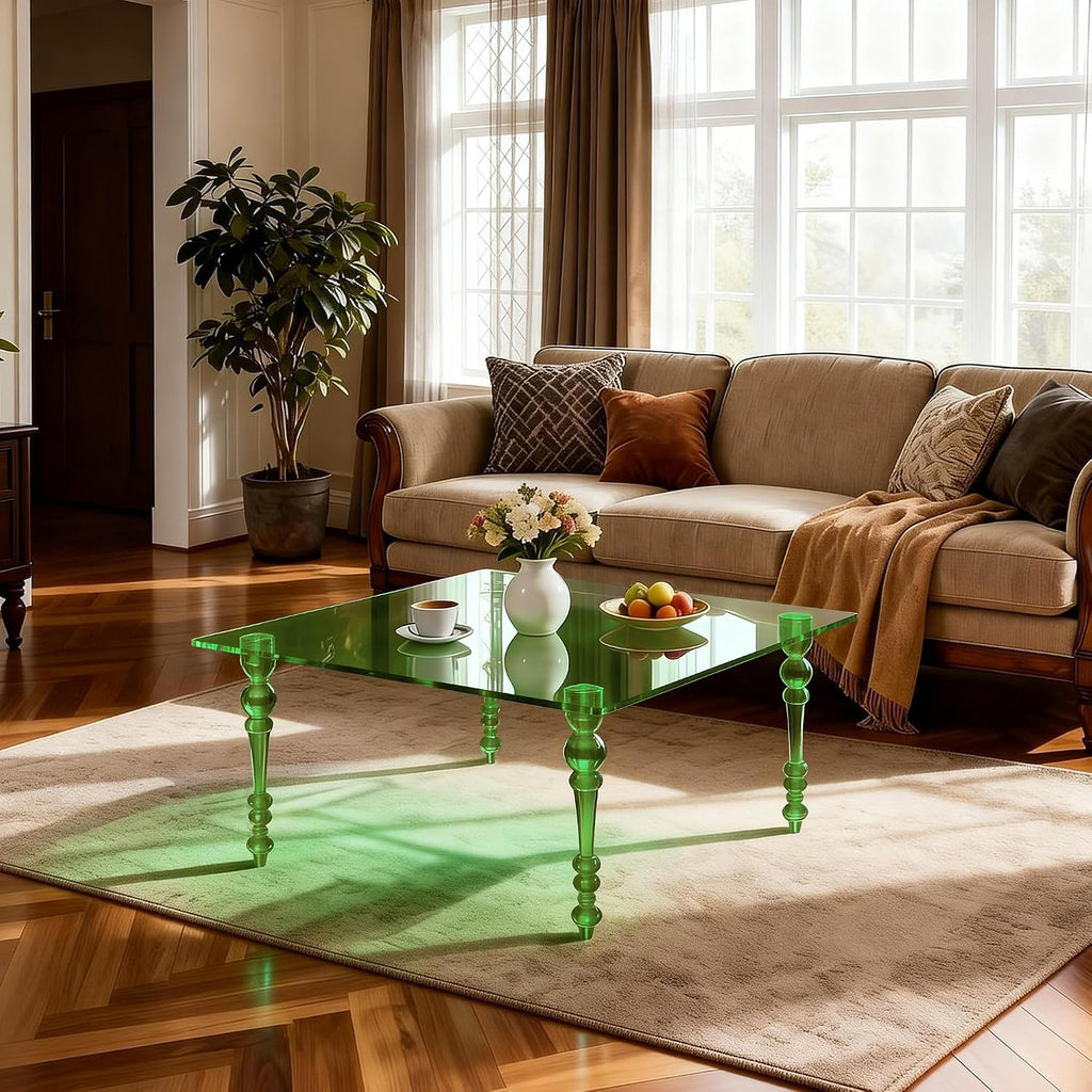 Acrylic Coffee Table Square, Mid-Century Modern Style for Living Room, Bedroom (Green, 31.5"×31.5"×16.9“)