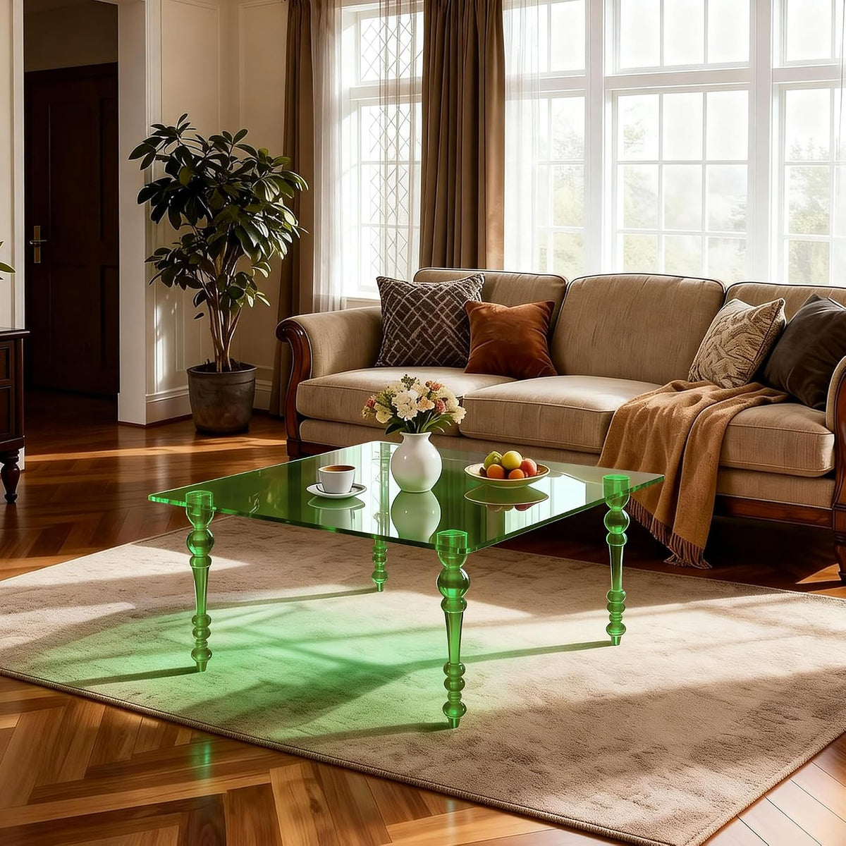 Acrylic Coffee Table Square, Mid-Century Modern Style for Living Room, Bedroom (Green, 31.5"×31.5"×16.9“)