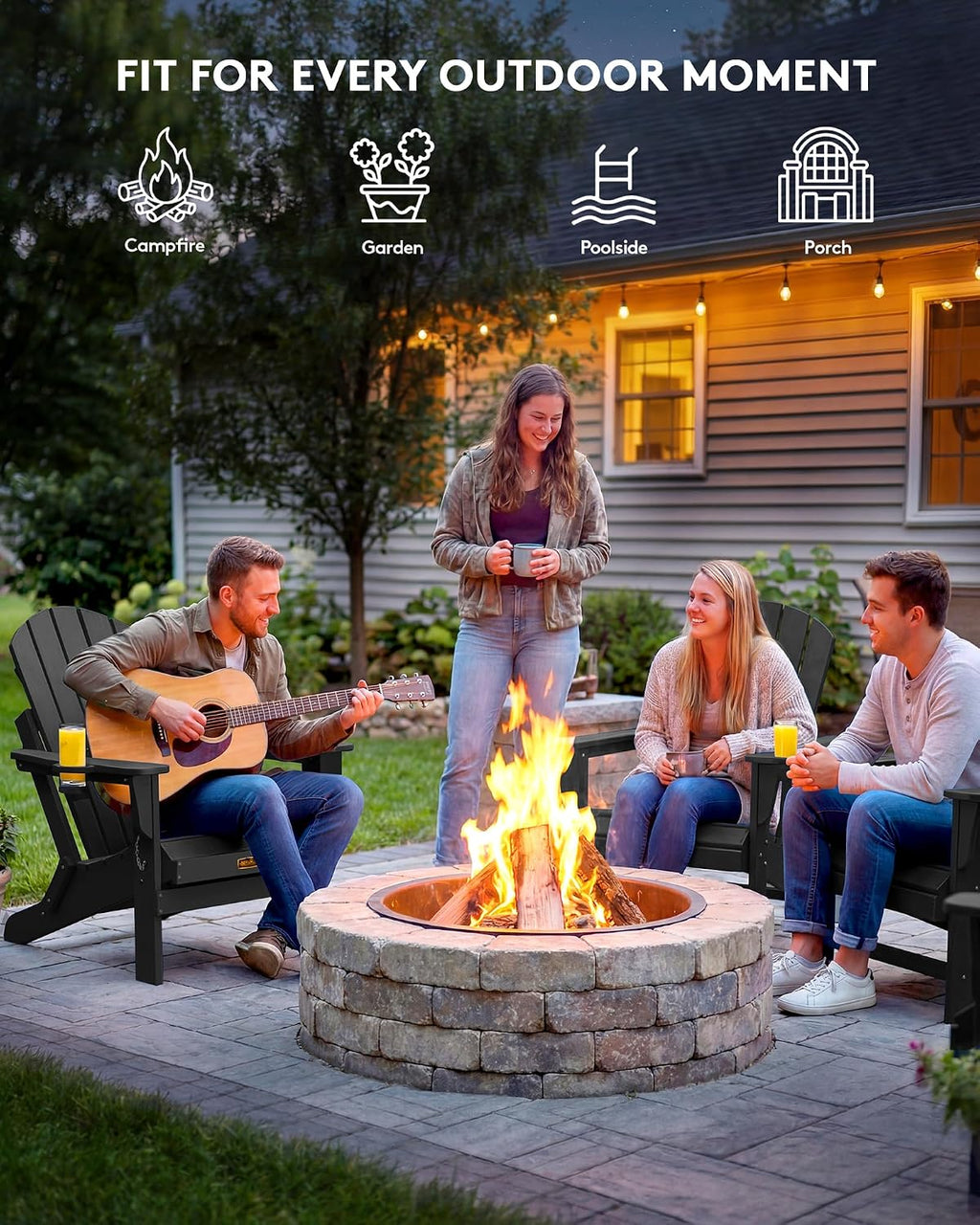 SERWALL Folding Adirondack Chair Set of 4, Fire Pit with Cup Holder -Black