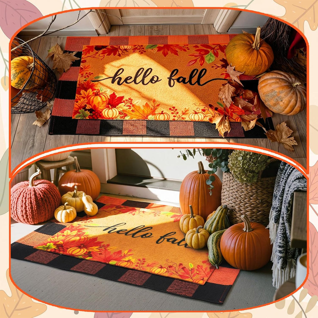 2 Pack Hello Fall Welcome Doormat, Orange Black Checkered Mat Non Slip