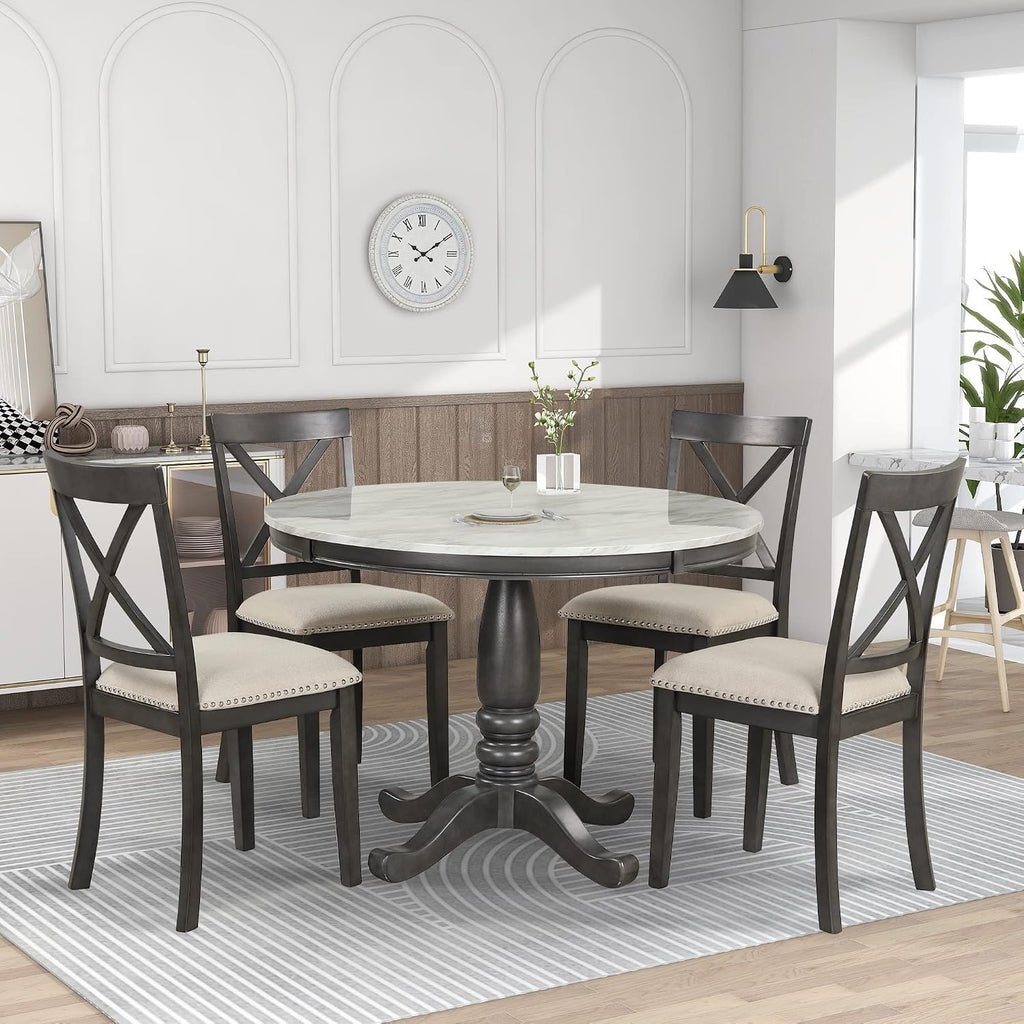 LUMISOL Round Dining Table Set for 4, Farmhouse Kitchen Table Set with Faux Marble Table Top & 4 Upholstered Chairs for Kitchen, Dining Room, Small Space, Muddy Gray
