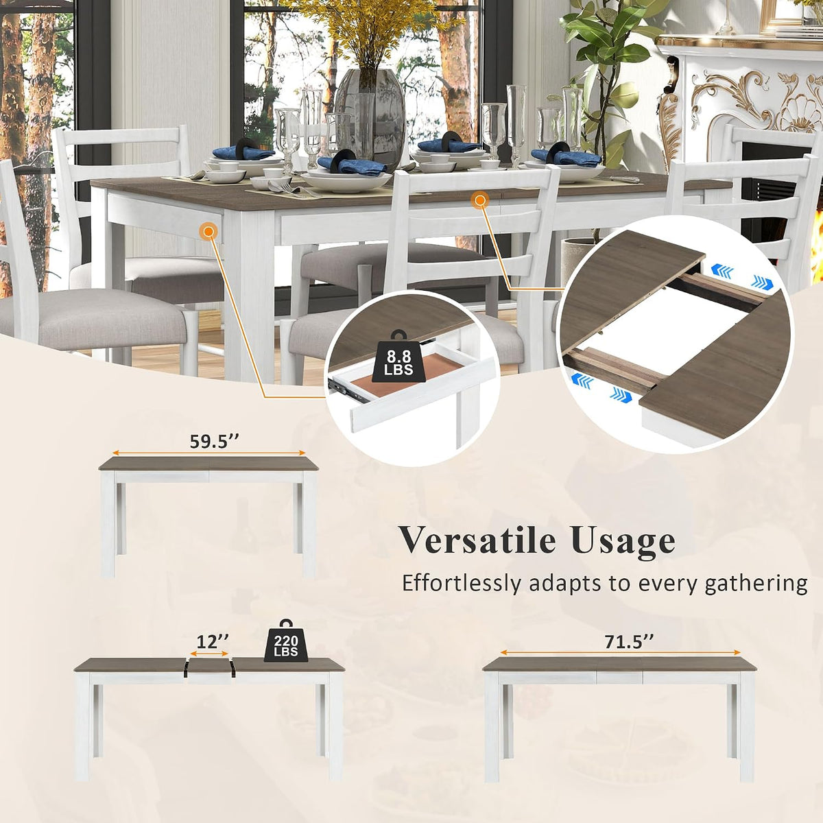 7 Pieces Dining Table Set Wooden Rectangle Extendable Table with 12” Leaf and 2 Drawers, 6 Dining Chairs with Soft Cushion, Kitchen Dining Room Set for 6 Persons (Brown + White)