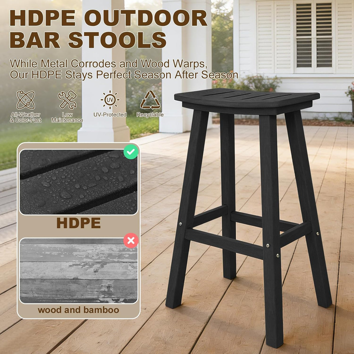 Outdoor Bar Stools Set of 2, 29" HDPE Bar Height Chairs