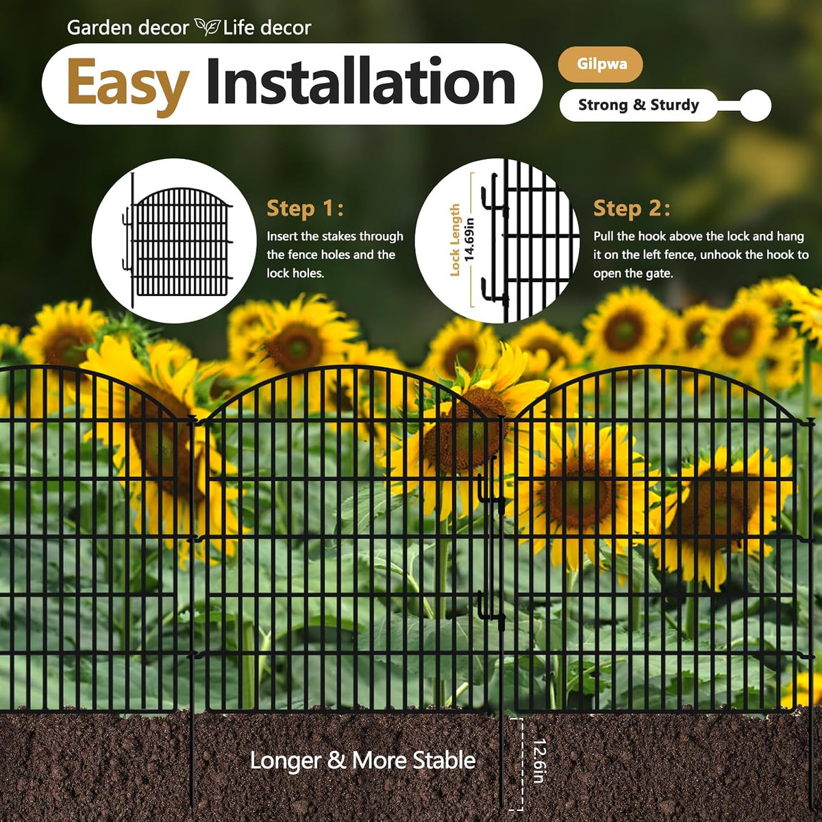 10 Panels Garden Fence Animal Barrier with Lock, 33in (H) x 24ft (L) Dog Fences Outdoor for Yard No Dig Rustproof Decorative Tall Metal Panel Border Rabbits Temporary Ground Stakes Fencing