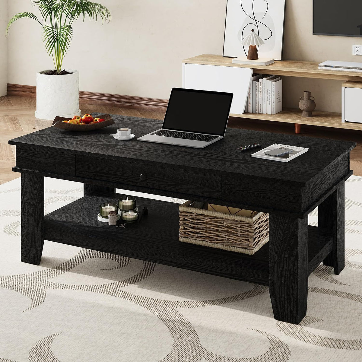 GarveeHome Black Coffee Table 47.2" Center Table with Drawer and Storage Shelf, Large Coffee Tables Living Room Furniture, Sturdy and Easy to Clean, Holds 300 Pounds in Total