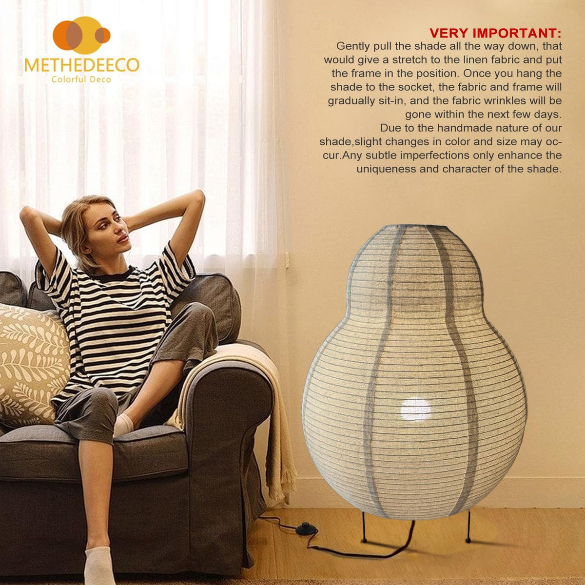 Akari Noguchi Japanese Floor Lantern Lamp, Japandi Linen Floor Table Lamp