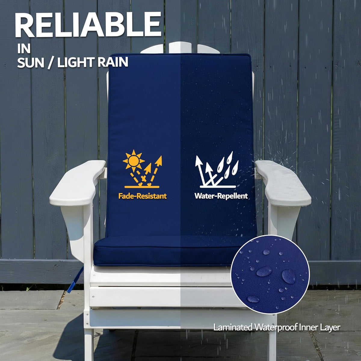 Outdoor Adirondack Chair Cushions Set of 4 - Removable Covers, Water-Repellent, Fade-Resistant, Non-Slip Bottom & Securing Straps, Universal Fit for Most Adirondack & Rocking Chairs - Navy