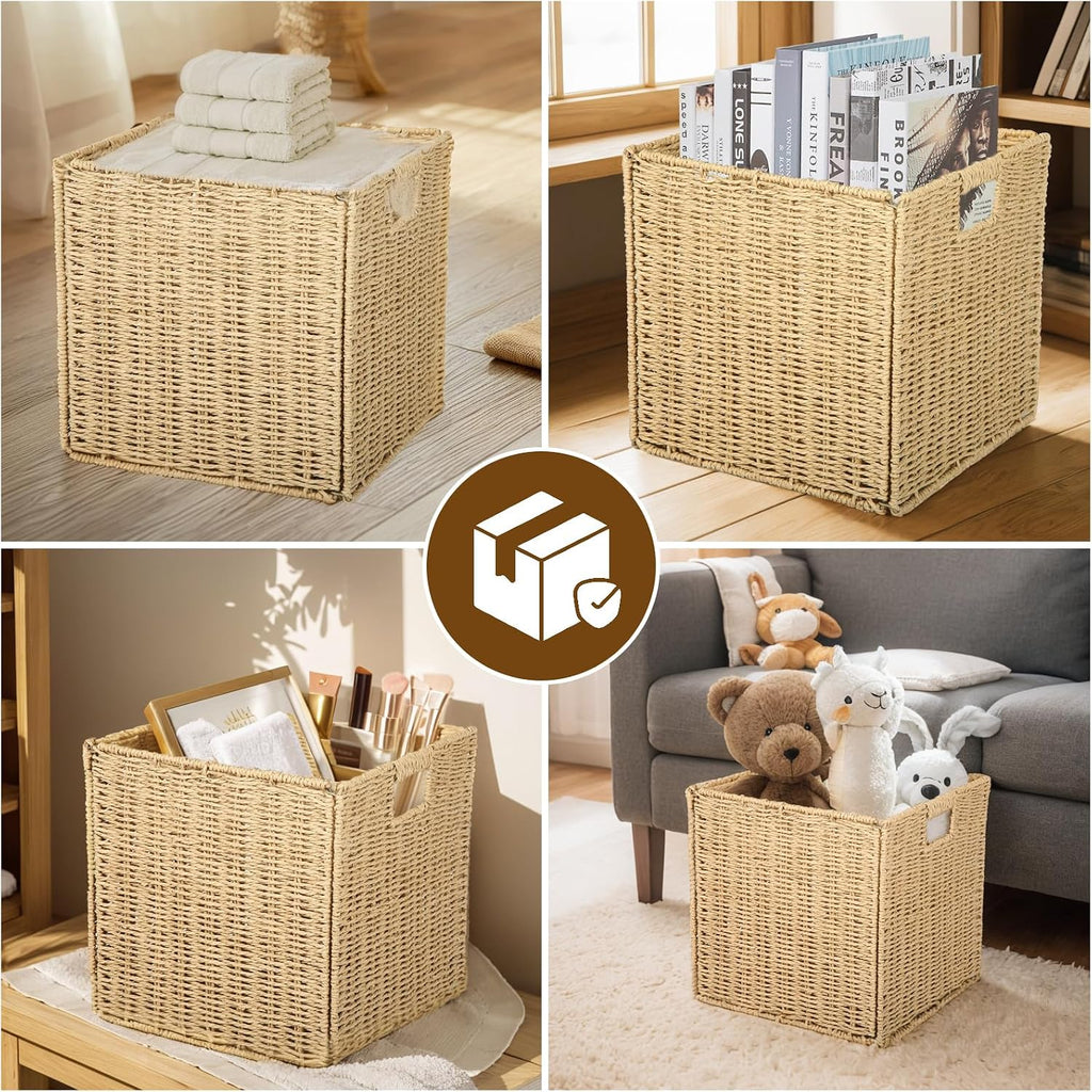 4Pcs Cube Storage Bin,Collapsible Storage Basket, Shelf Organizer with Insert Handle, 12 * 12 * 12 Inch Hand Woven Seagrass Basket, Suitable for Bedroom Storage and Other Scenarios