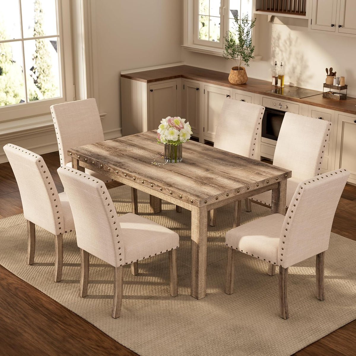 Modern Fort 7-Piece Farmhouse Dining Table Set for 6, 60" Rectangular Wood Dining Table with 6 Upholstered Chairs, Nailhead Trim, Kitchen Table with Chairs Set for Dining Room & Breakfast Nook