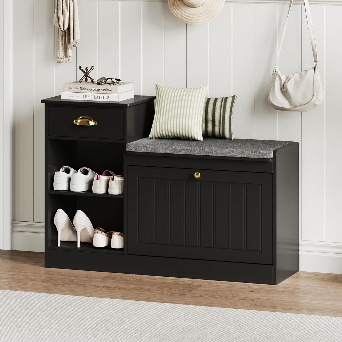 Shoe Storage Bench, Modern Wooden Shoe Cabinet with Flip Drawer and Adjustable Shelf, Entry Way Bench with Padded Seat Cushion for Entryway, Hallway, Living Room,Black