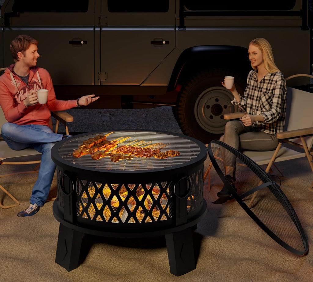 Fire Beauty 26in 2‑in‑1 Carbon Steel Fire Pit for Camping Backyard Patio