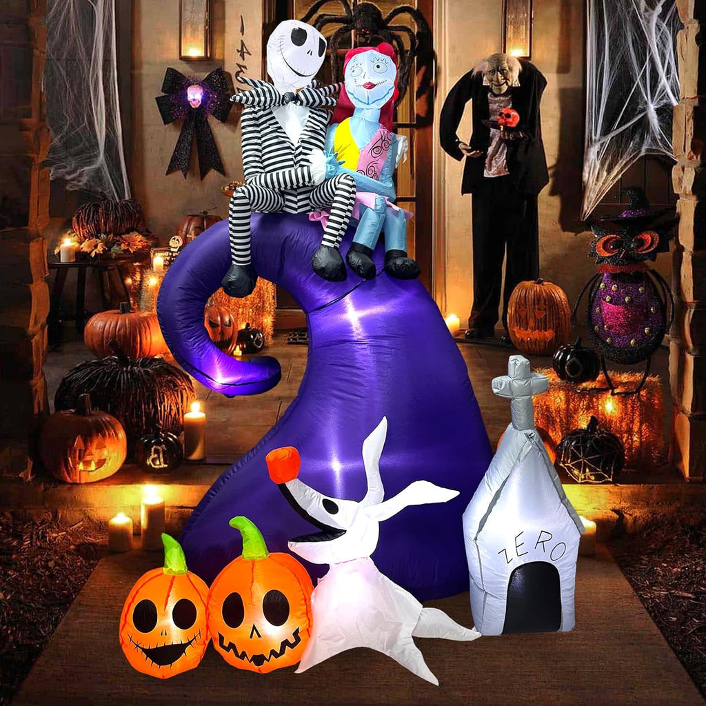 6 FT Halloween Inflatables Outdoor Decoration, Blow Up Yard Decorations with Spooky Skeleton Couple with Ghost Pumpkin and Dog, Built-in LED for Outdoor Inflatable Decor Garden, and Lawn