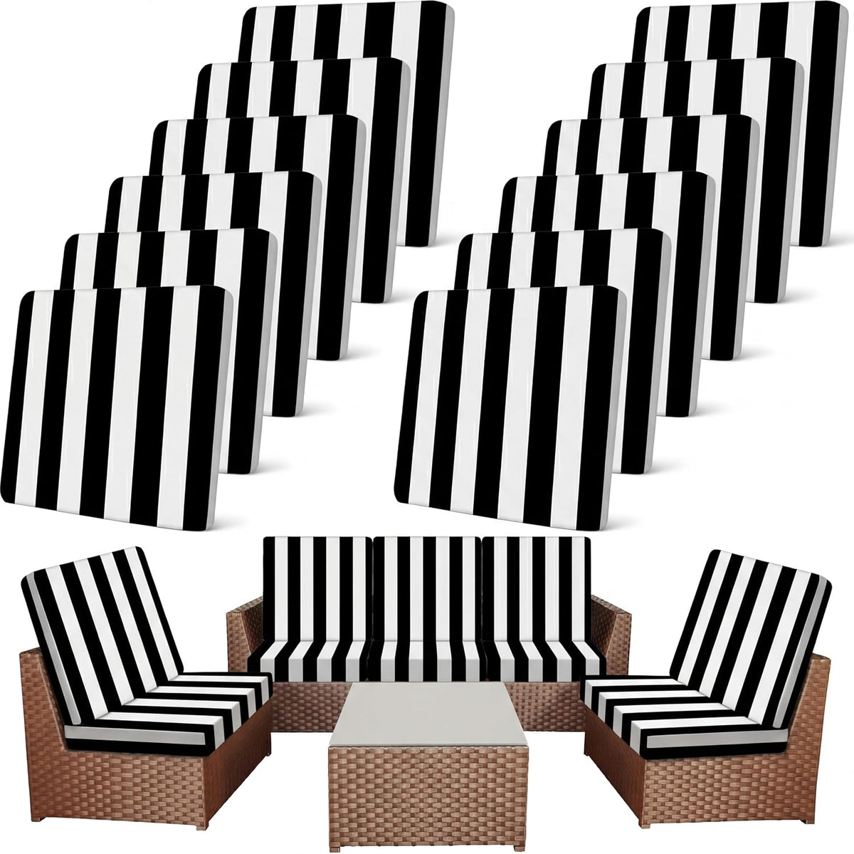 Newwiee 12 Pc Patio Stretch Cushion Covers,Black White,Stripes