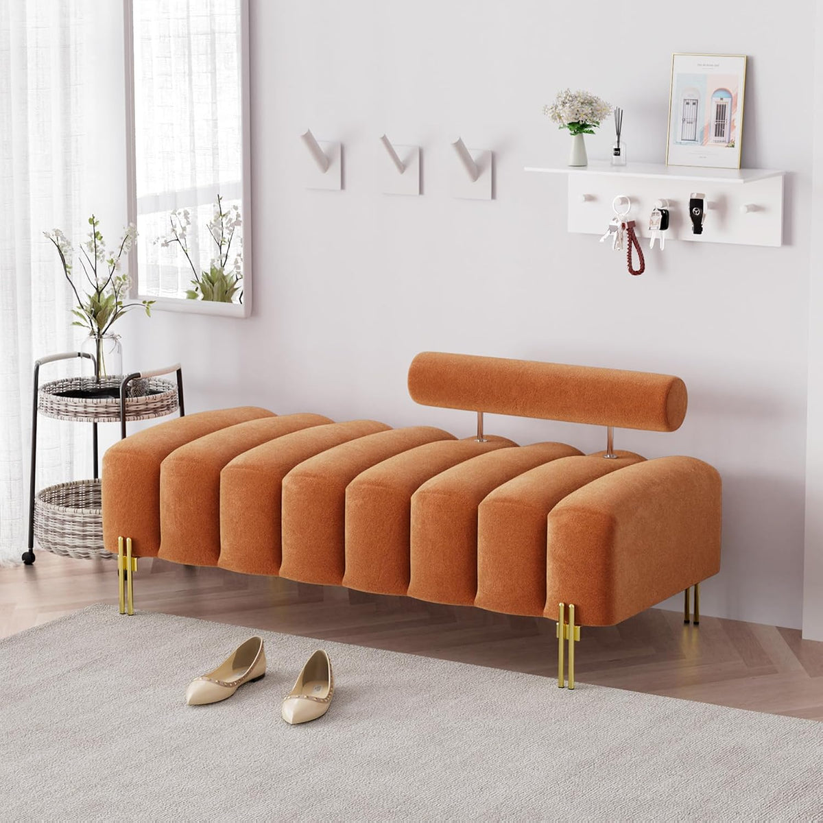 52.2" Velvet Upholstered Bench Ottoman with Adjustable Backrest, Orange
