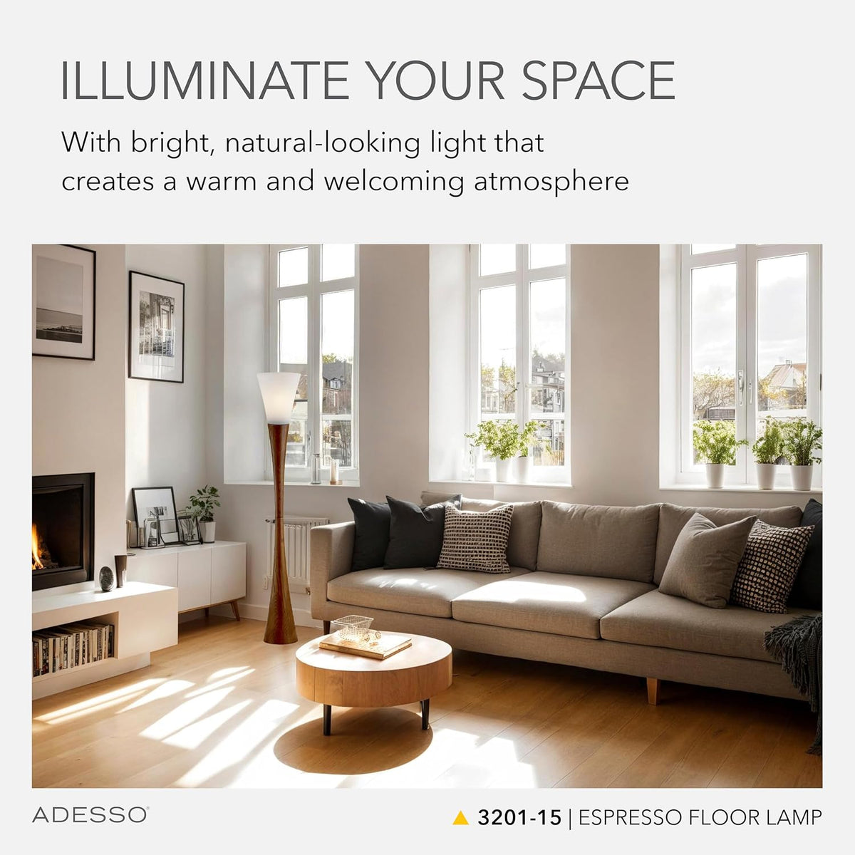 Adesso Floor Lamp, Bronze & Walnut Poplar Wood, Modern Design, 68”