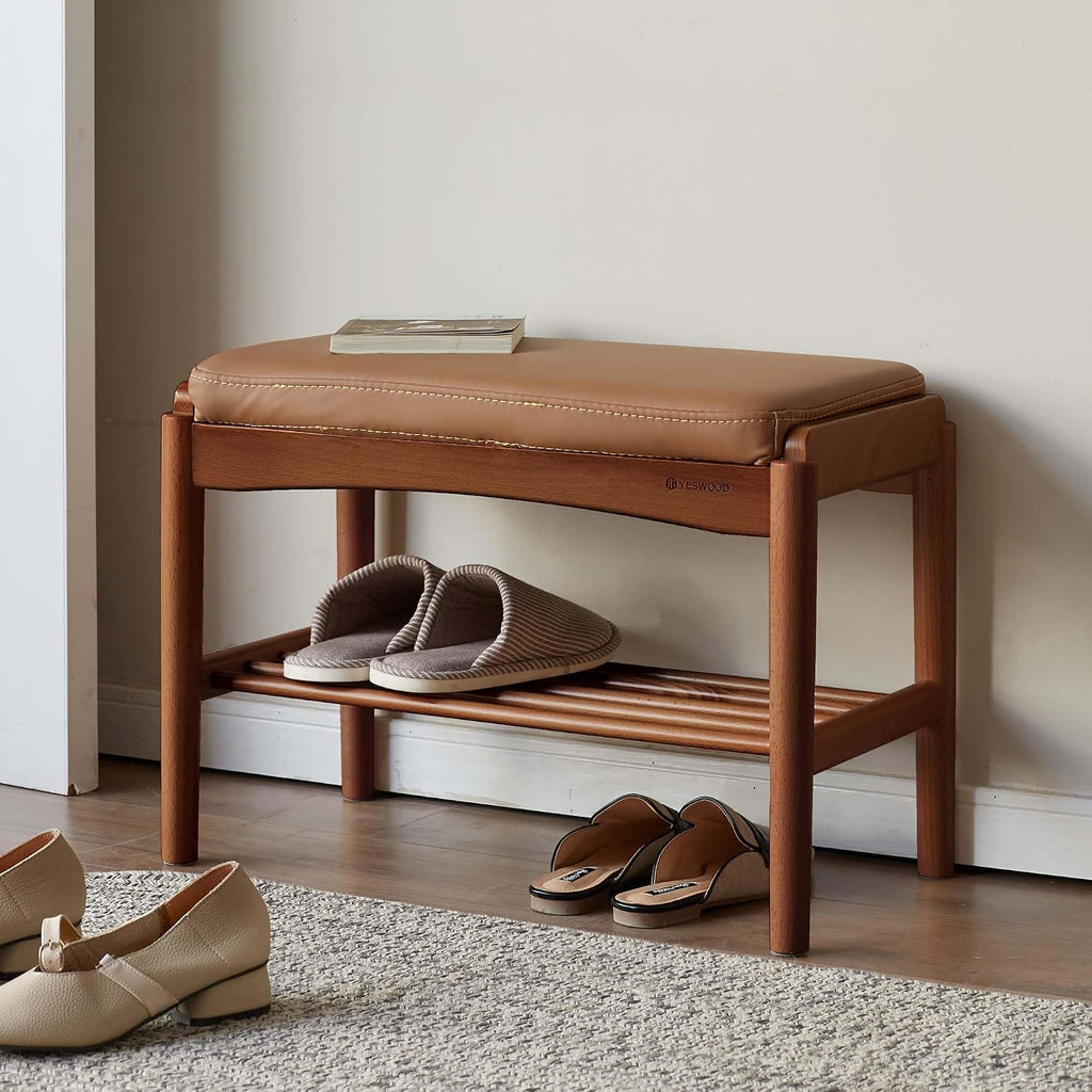 Solid Wood Shoe Bench, 24 Inch Entryway Bench with Brown Leather Cushion
