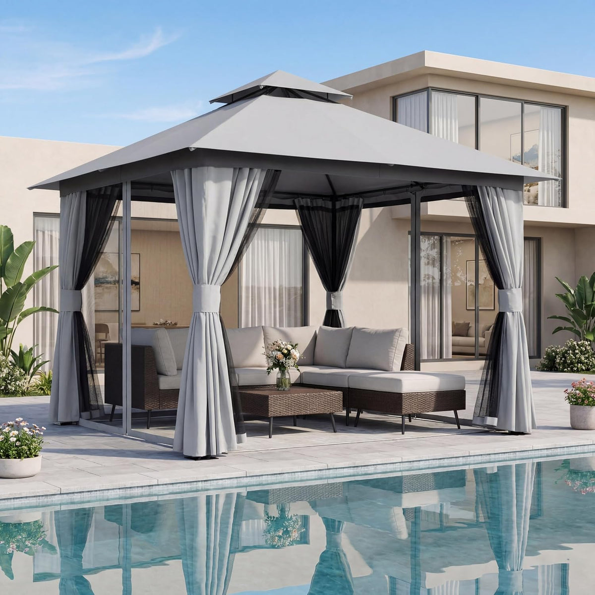 LAUSAINT HOME 10x10 Gazebo Canopy, Heavy Duty Metal Frame Patio Canopy with 180G Water-Resistant Canopy, Double Roof, Mosquito Netting & Privacy Curtains for Backyard, Garden, Lawn, Gray
