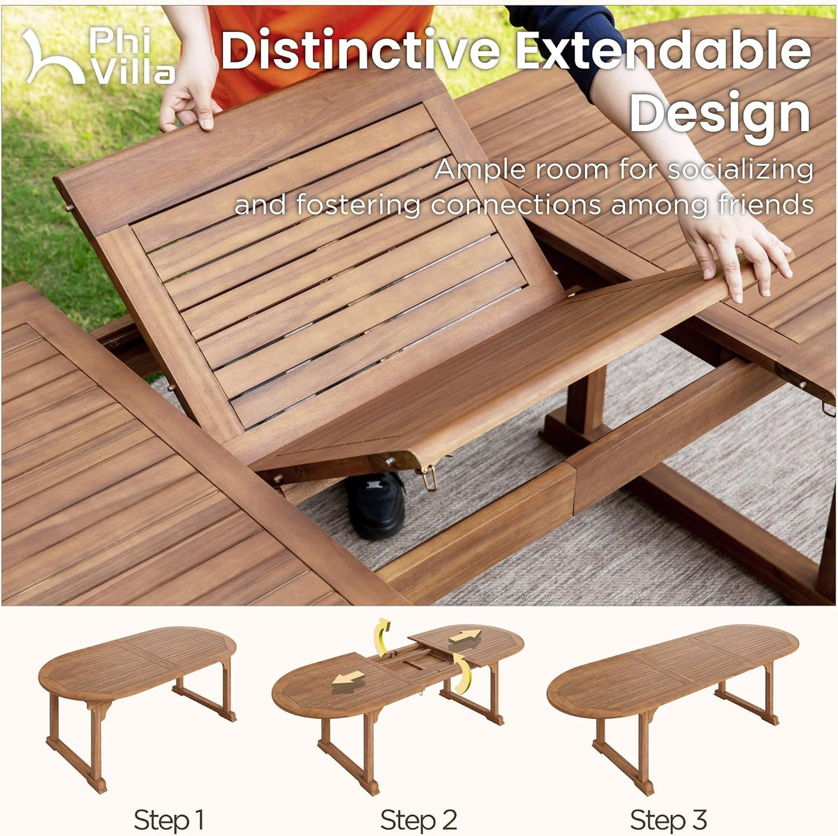 PHI VILLA Outdoor Dining Set for 6, Expandable Acacia Wood Table & Chairs