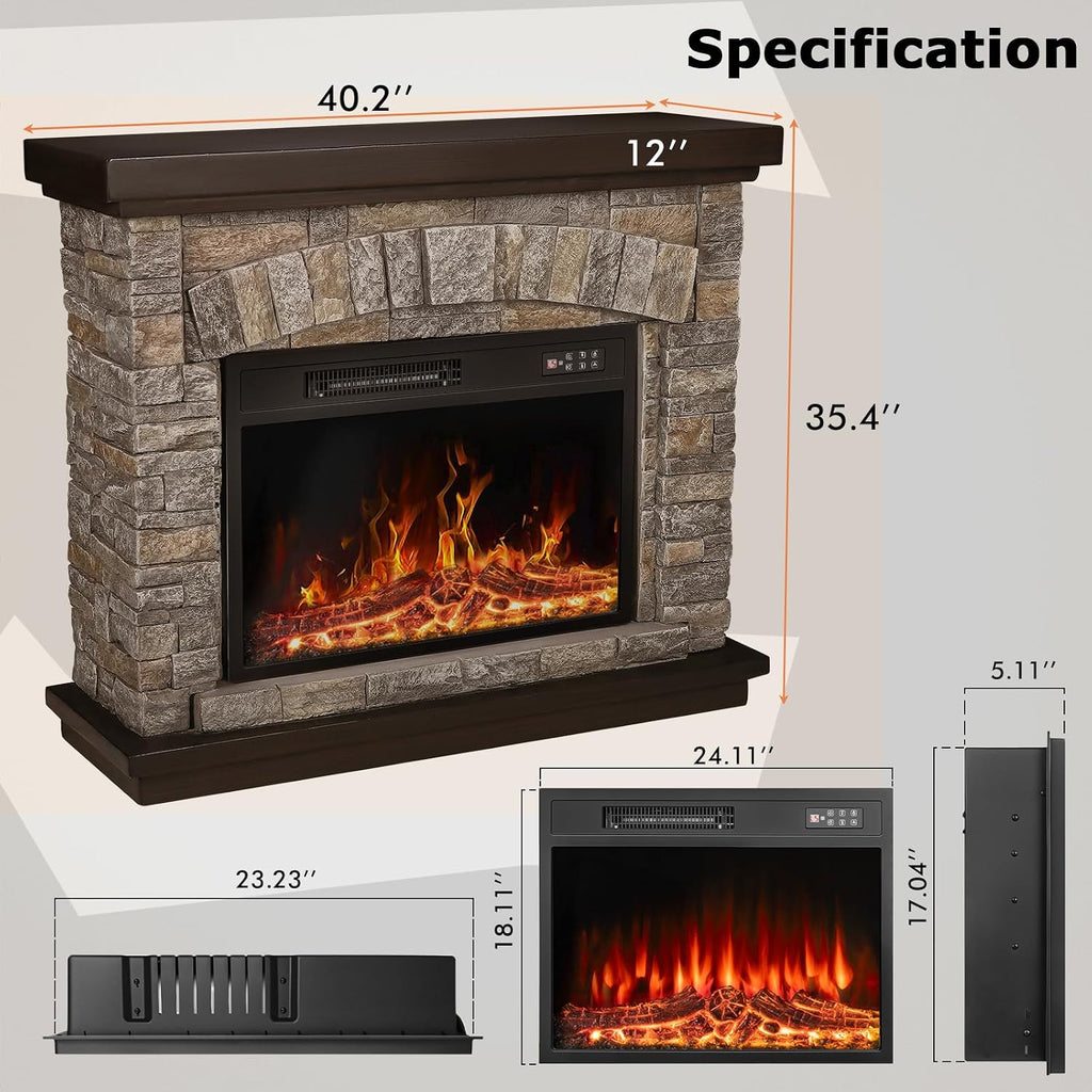 PUKAMI Electric Fireplace with Mantel, Realistic Stone Finish Freestanding Heater TV Stand, 3D Log Flame Effect with Remote Control, 750W/1500W