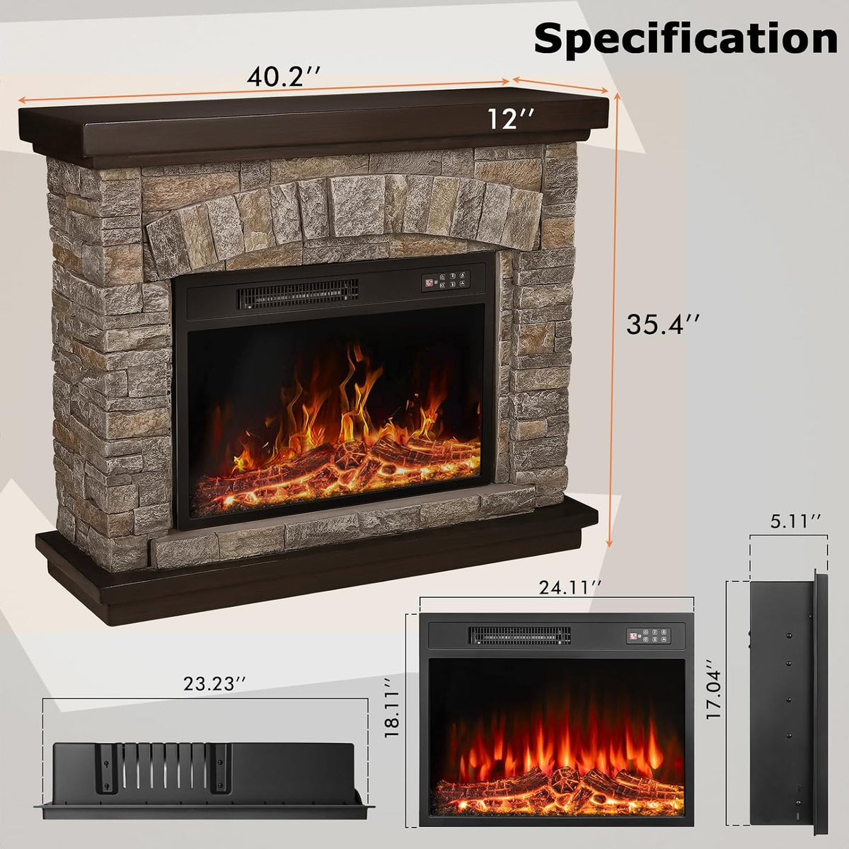 PUKAMI Electric Fireplace with Mantel, Realistic Stone Finish Freestanding Heater TV Stand, 3D Log Flame Effect with Remote Control, 750W/1500W
