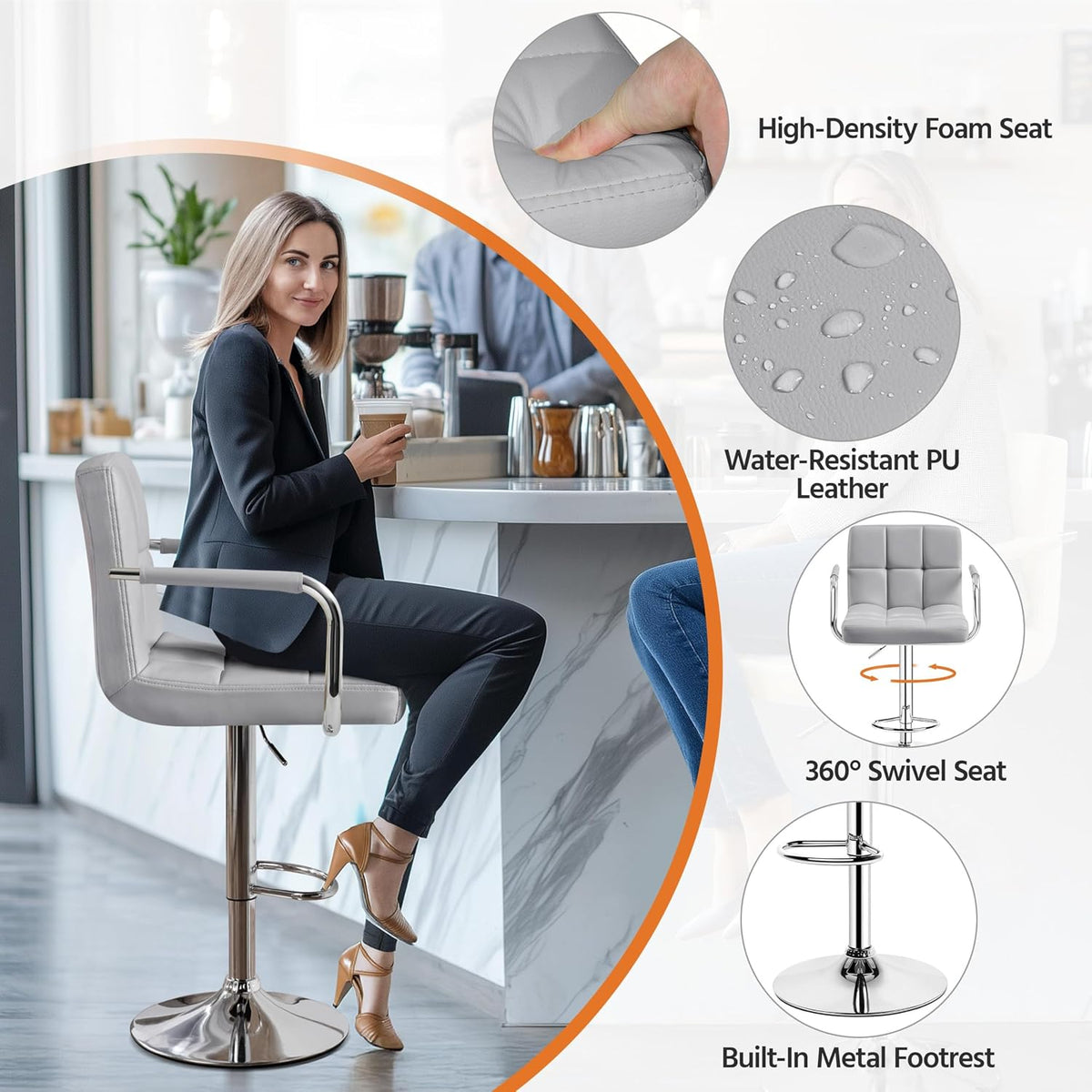 Yaheetech Bar Stools Set of 2, Adjustable Swivel with Backs, Light Gray