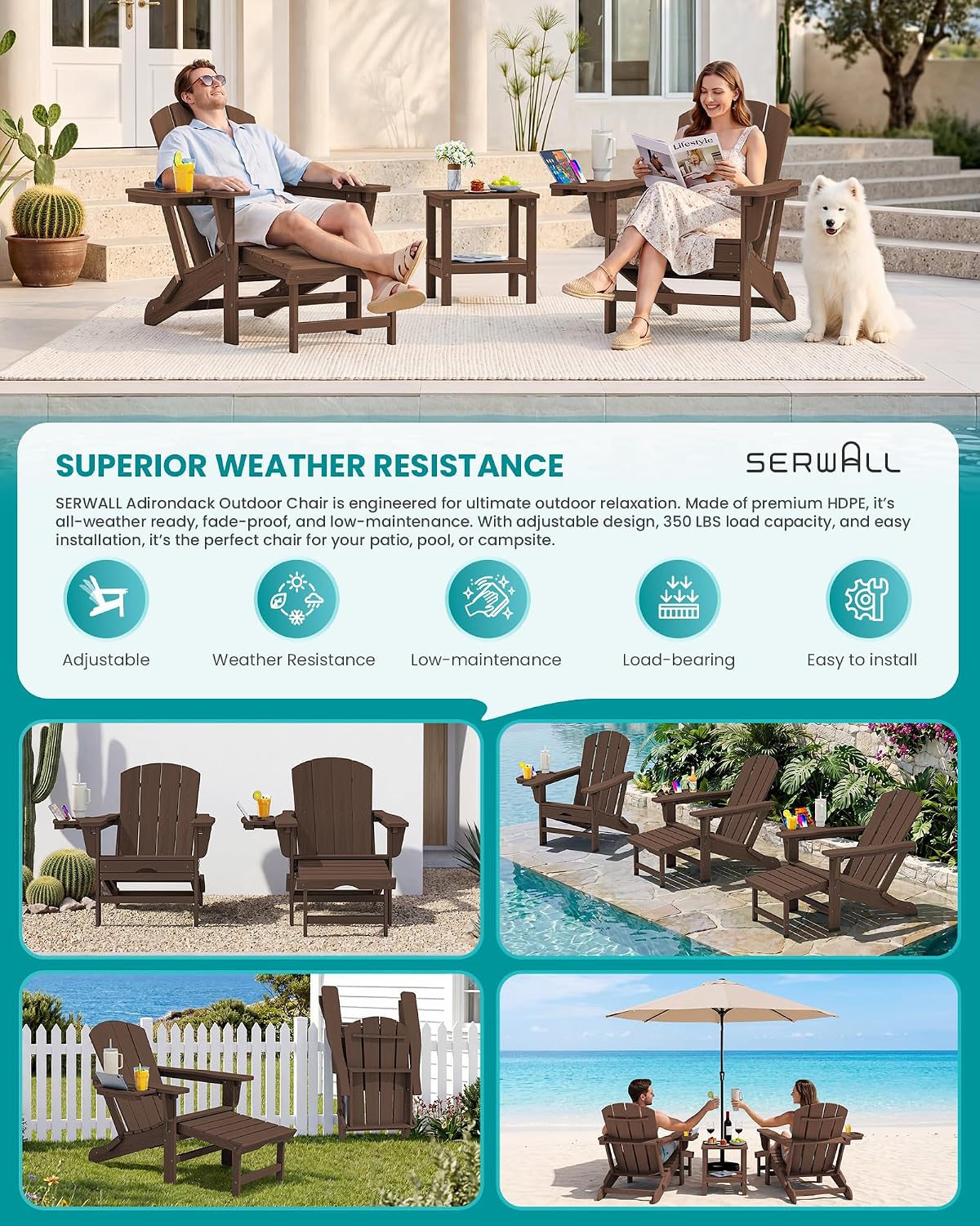 SERWALL Folding Adjustable Adirondack Chair with Footrest, HDPE Outdoor Chair with 4-in-1 Cup Holders, All Weather Adirondack Chair with Ottoman, Coffee