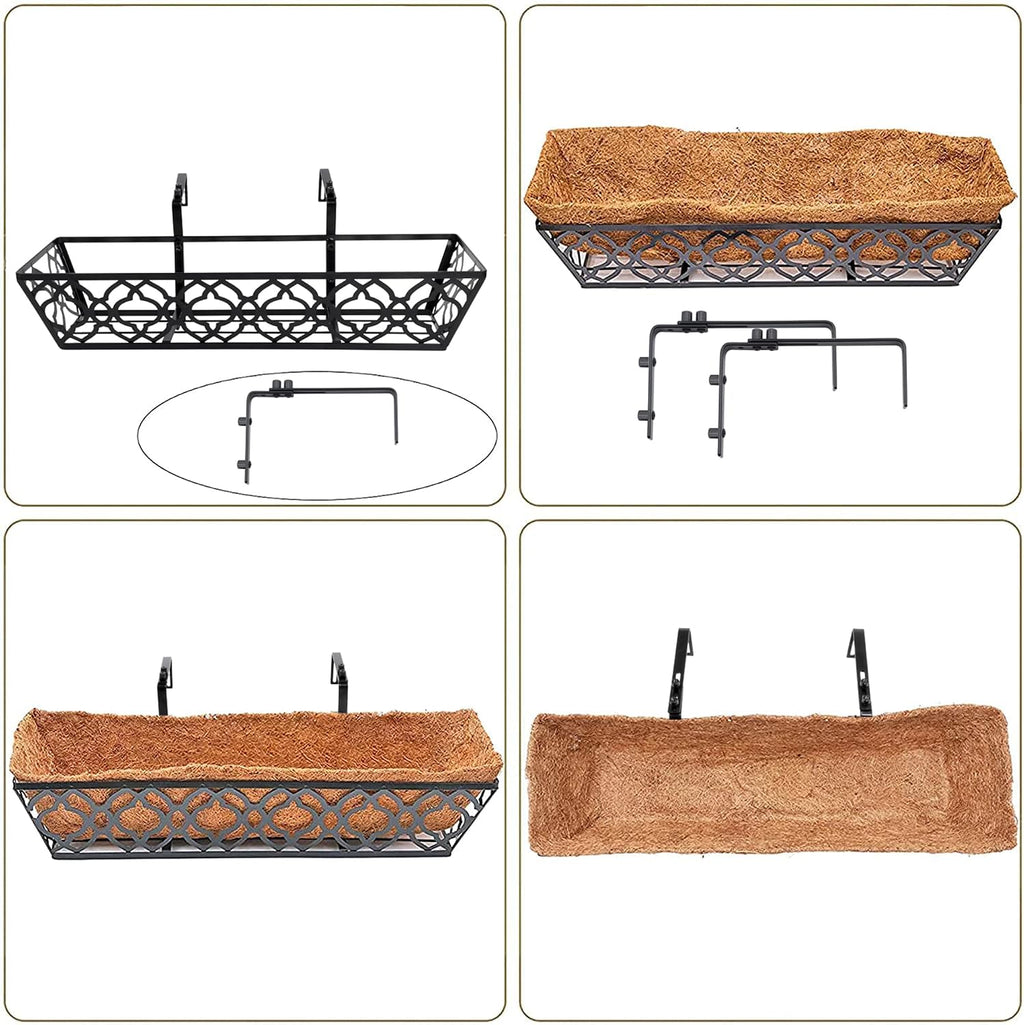 HFHOME 4 Pcs 30" Window Box Deck Railing Planter Box with Horse Trough Coco Liners, Black Metal Hanging Flower Planters Baskets for Indoor, Outdoor, Balcony, Porch, Fence, Patio, and Lawn