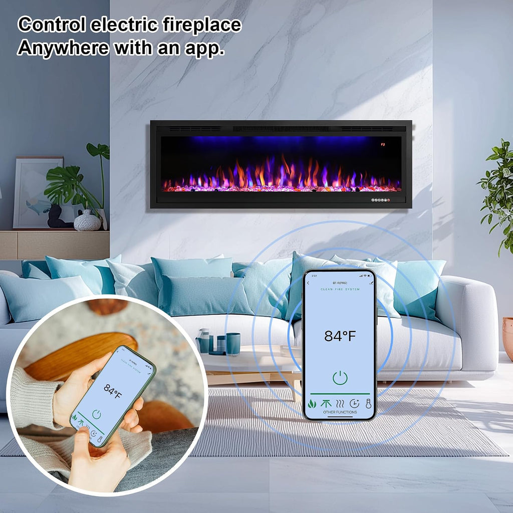 50" WiFi-Enabled Electric Fireplace Insert, APP Smart Control, Wall Mounted&Recessed Linear Fireplace Heater with Thermostat, Flame&Top Lights, Log&Crystal, Timer