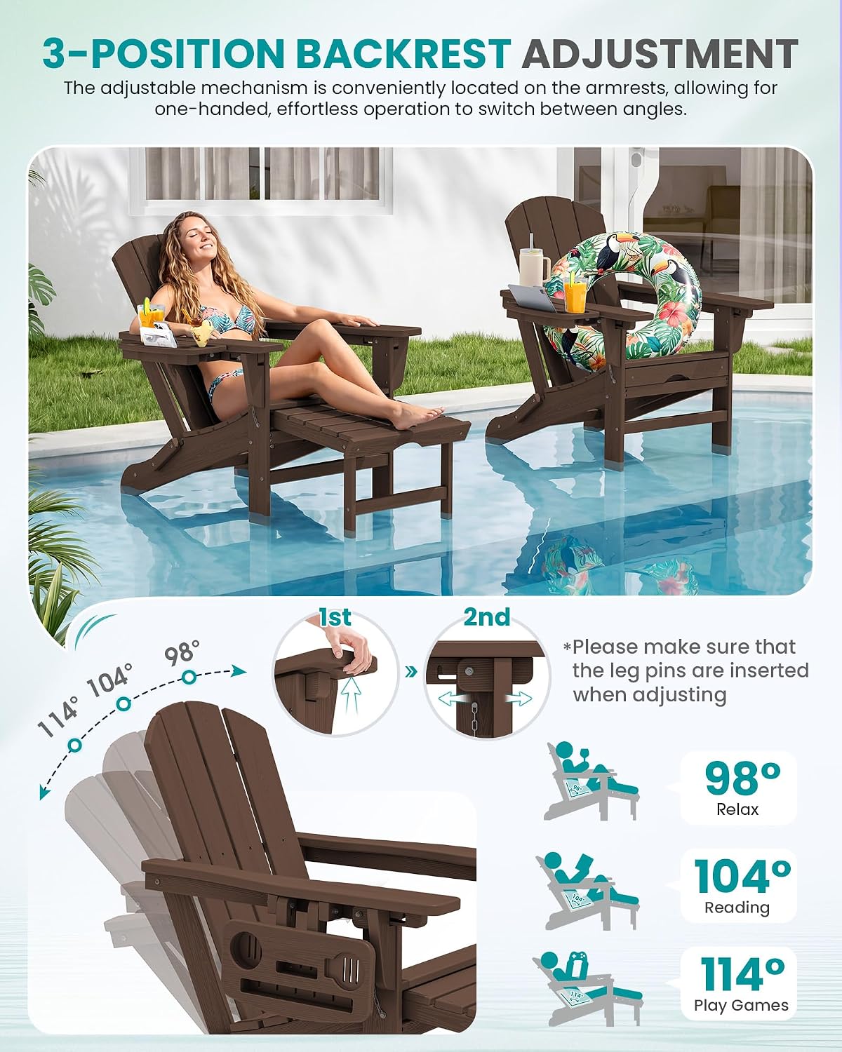 SERWALL Folding Adjustable Adirondack Chair with Footrest, HDPE Outdoor Chair with 4-in-1 Cup Holders, All Weather Adirondack Chair with Ottoman, Coffee