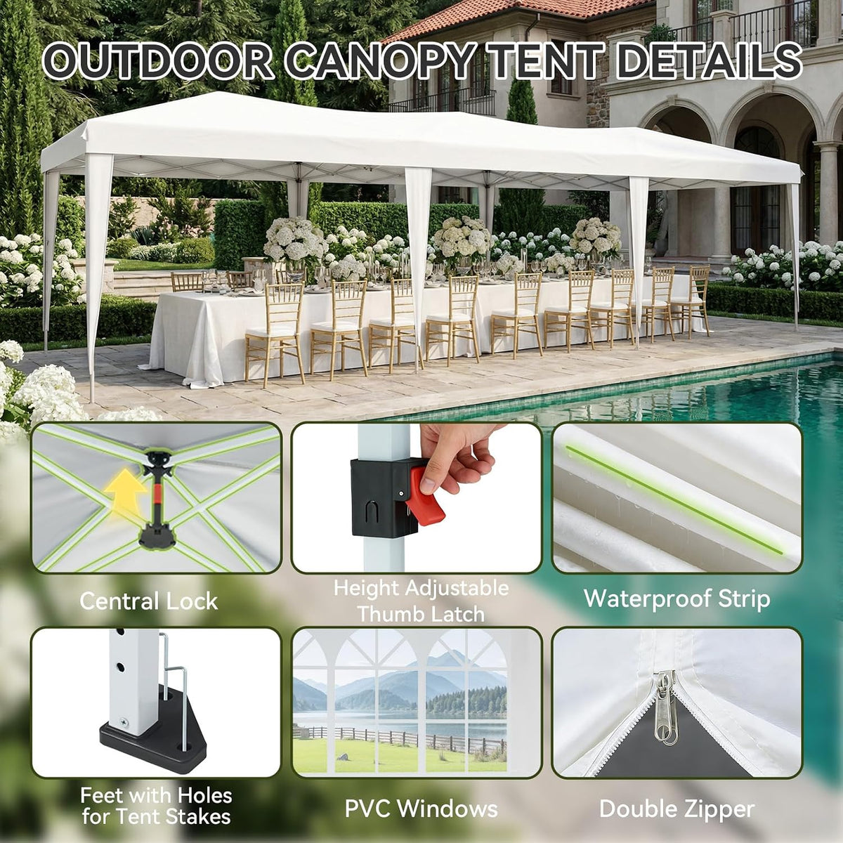 Aoxun 10x30 Pop Up Canopy Tent with LED Light, Party Tent, White