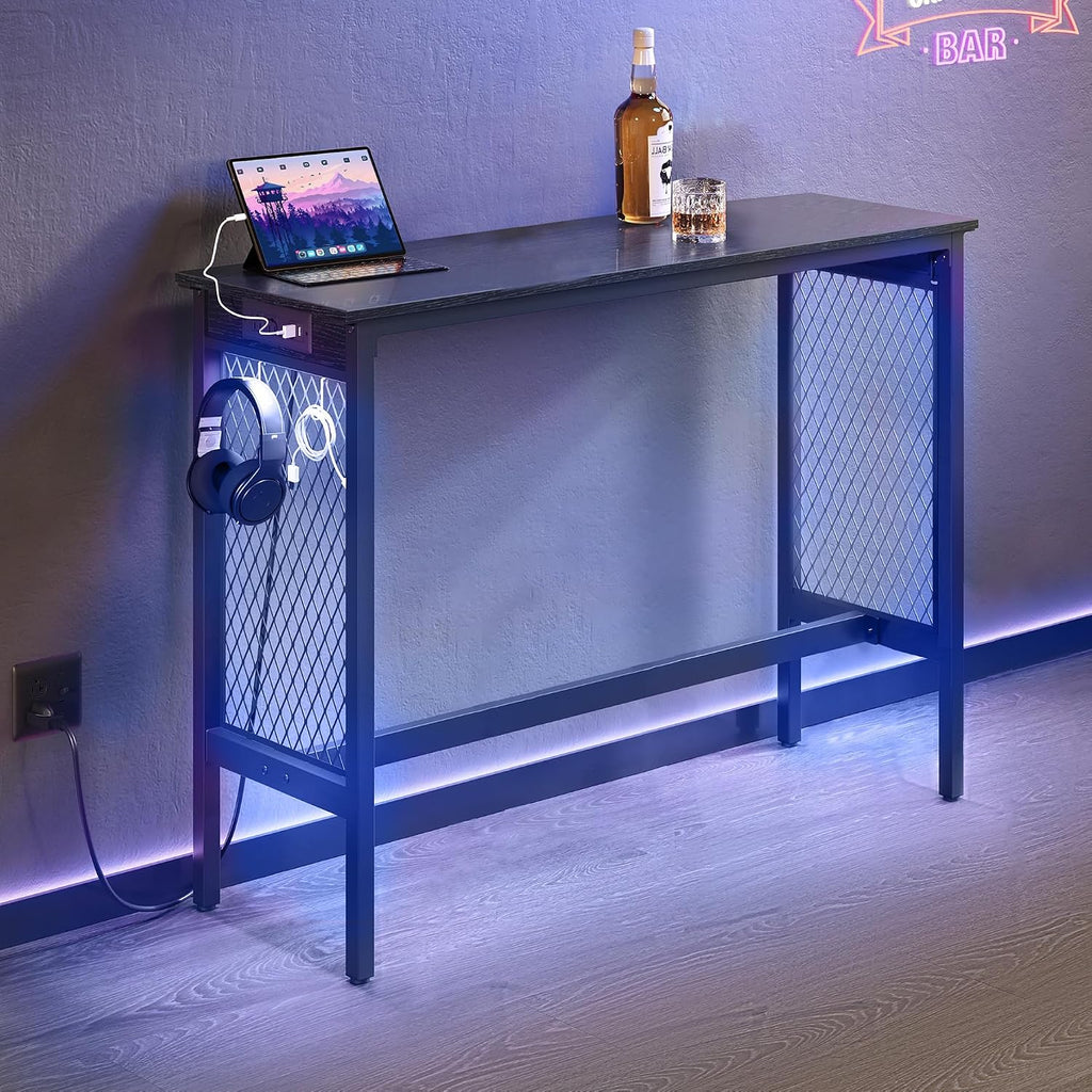 VASAGLE Bar Table with Power Outlets, LED Lights, Computer Desk, 47.2" L