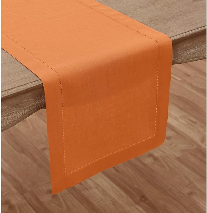 Solino Home Linen Pumpkin Table Runner 132 Inches Long - 100% Pure Linen Extra Long Table Runner 14 x 132 Inch - Classic Hemstitch - Fall, Autumn, Halloween, Thanksgiving, Holiday