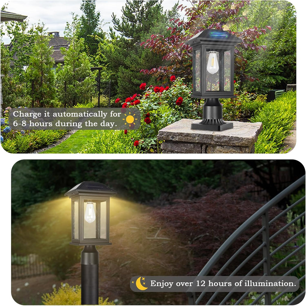 solar post lights outdoor, waterproof anti-rust black pole showing dimensions