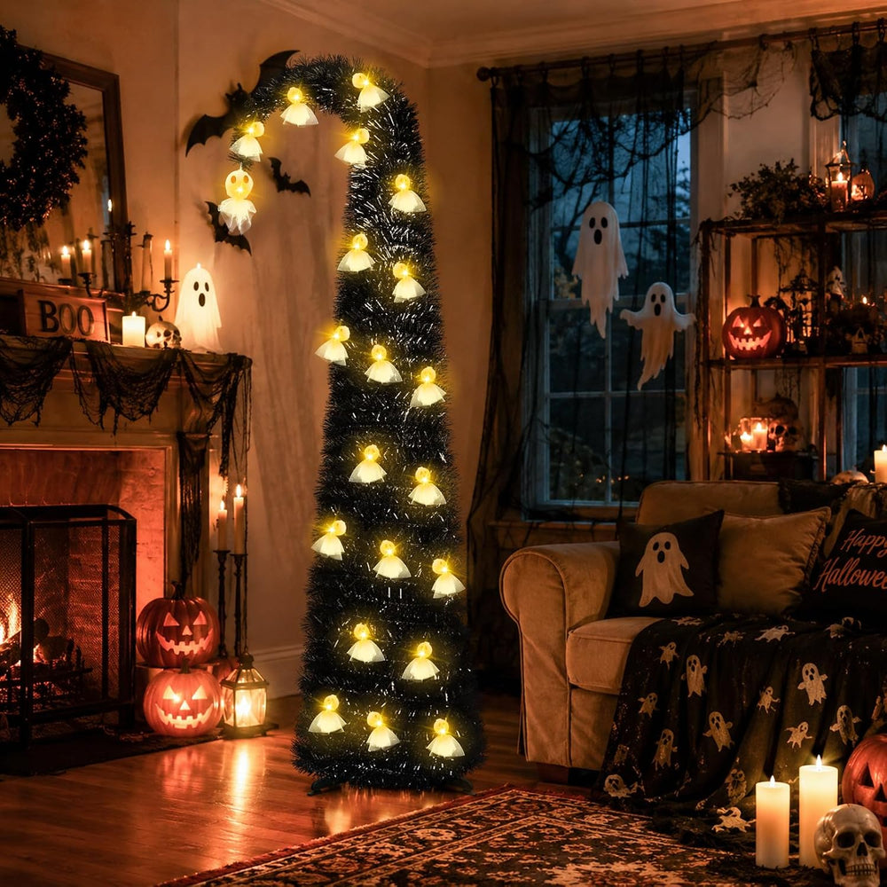 6FT Black Halloween Pop Up Christmas Tree with Ghost String Lights