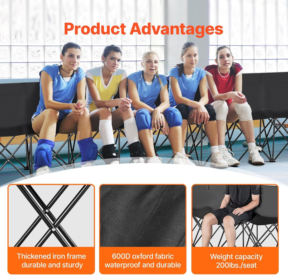 VEVOR Portable Folding Bench, 8 Seats Foldable Sideline Bench, Outdoor Camping Chair with Carry Bag & Backrest, Team Sport Sideline Bench for Football Fishing, No Assembly Instant Seating, Black