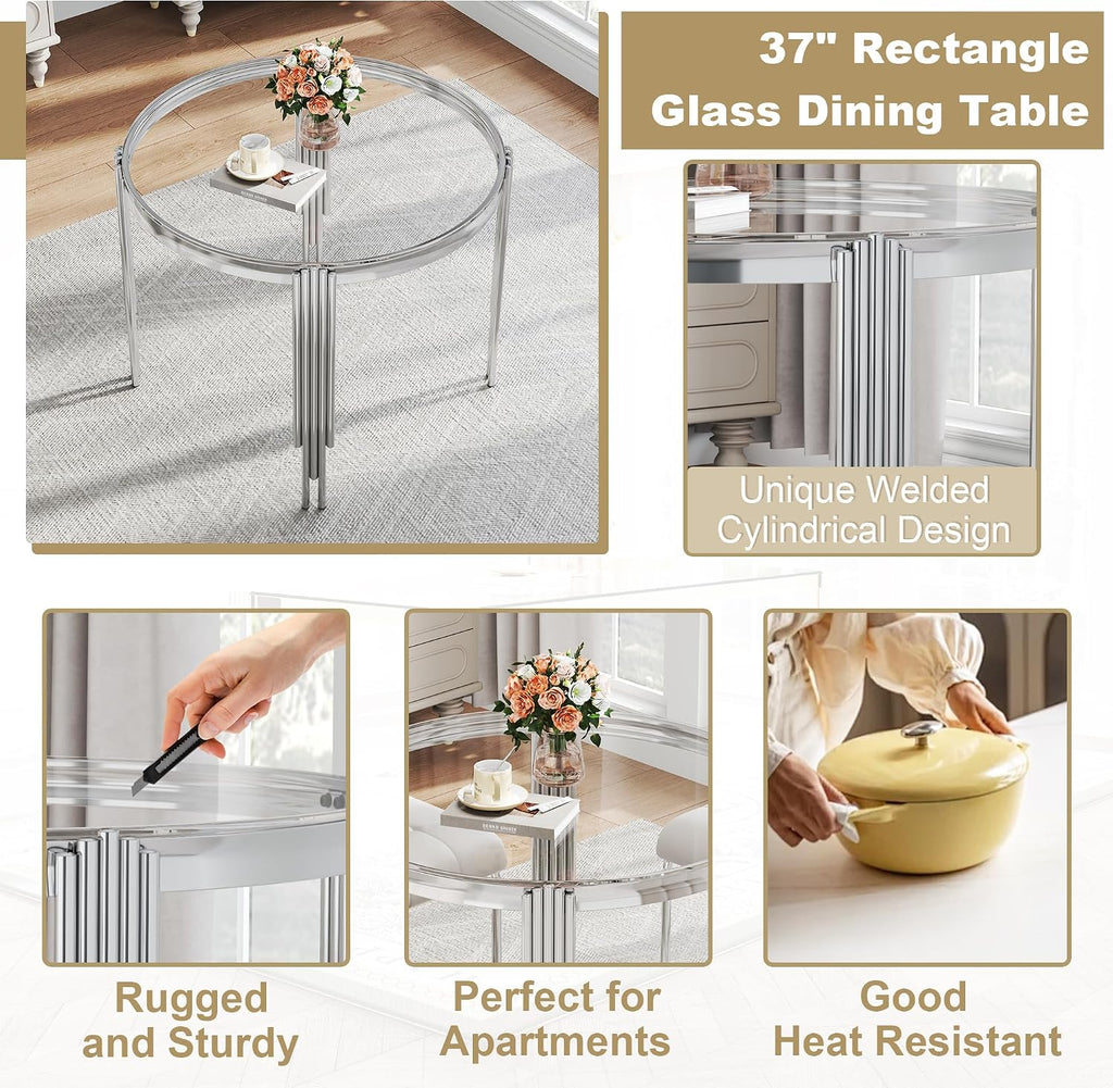 Luxury Round Glass Silver Dining Table Set for 4, 5-Piece Modern Kitchen Table Set with 4 White Velvet Chairs for Kitchen Dining Room Apartment