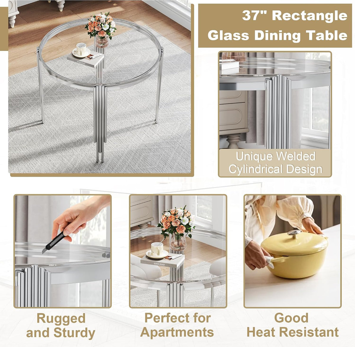Luxury Round Glass Silver Dining Table Set for 4, 5-Piece Modern Kitchen Table Set with 4 White Velvet Chairs for Kitchen Dining Room Apartment